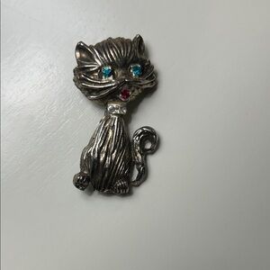 Silver Cat Brooch with Red and Blue Accents